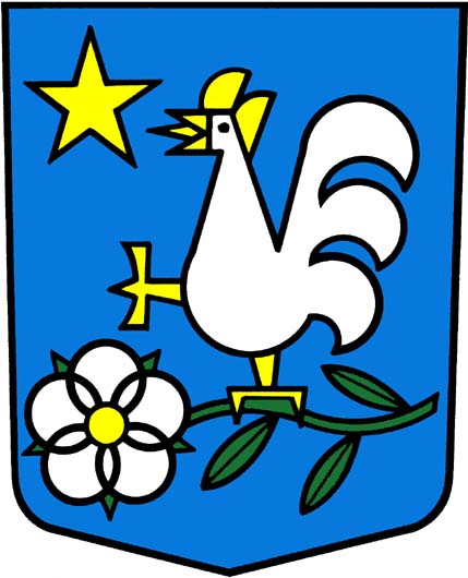 In Blau ein silberner Hahn mit goldenem Kamm und Schnabel und ebensolchen Beinen auf einem grünen Zweig, an dem rechts eine silberne Blume mit gelbem Butzen und grünen Kelchblättern blüht; im rechten Obereck ein fünfstrahliger goldener Stern